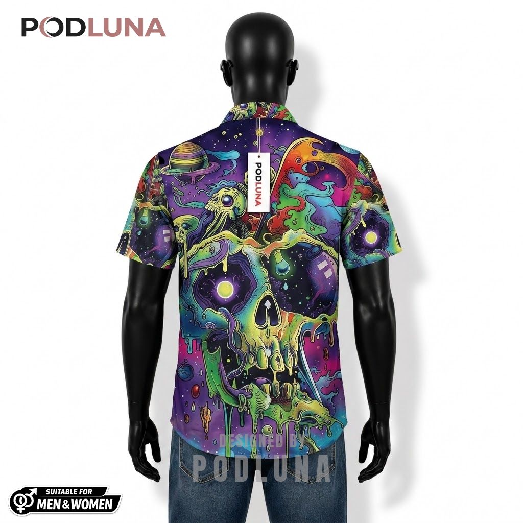 Melting Skull Halloween Hawaiian Shirt Cosmic Galaxy Psychedelic Back Melting Skull Halloween Hawaiian Shirt Cosmic Galaxy Psychedelic Back