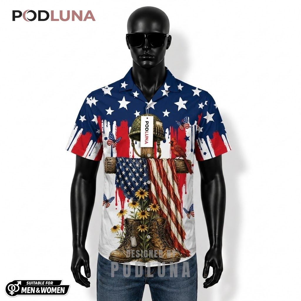 Memorial Cross Patriotic Hawaiian Shirt Boots Cardinal Print Front