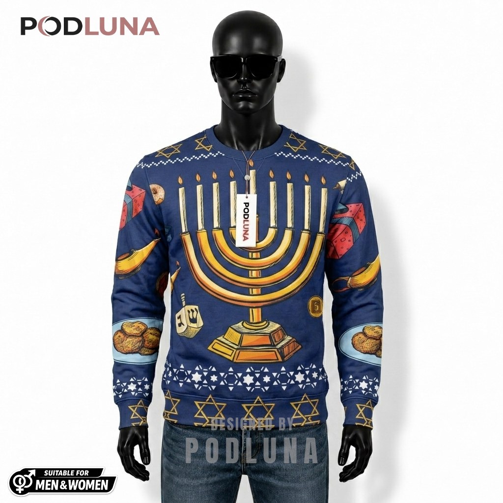 Menorah Ugly Christmas Sweater Hanukkah Star Of David Front