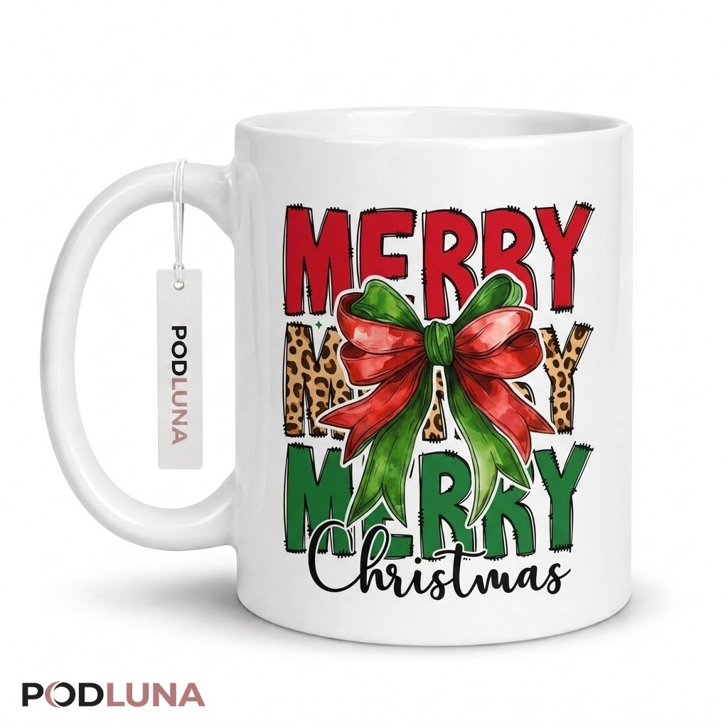 Merry Christmas Mug Leopard Bow Holiday Coffee Cup 1