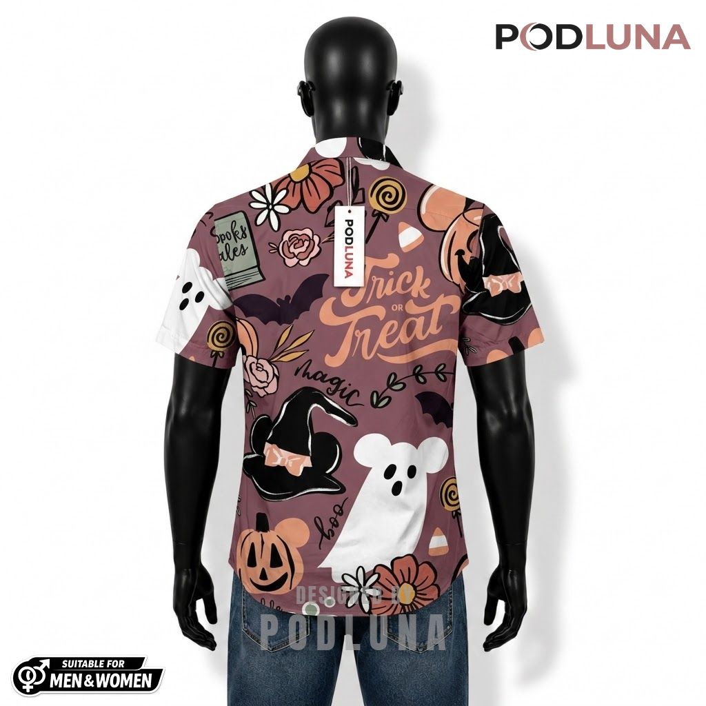 Mickey Ghost Halloween Hawaiian Shirt Trick Treat Floral Back Mickey Ghost Halloween Hawaiian Shirt Trick Treat Floral Back