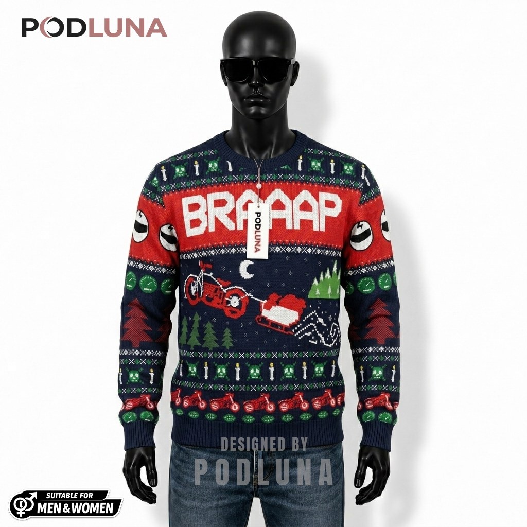 Motorcycle Ugly Sweater Christmas Braaap Santa Sleigh Front