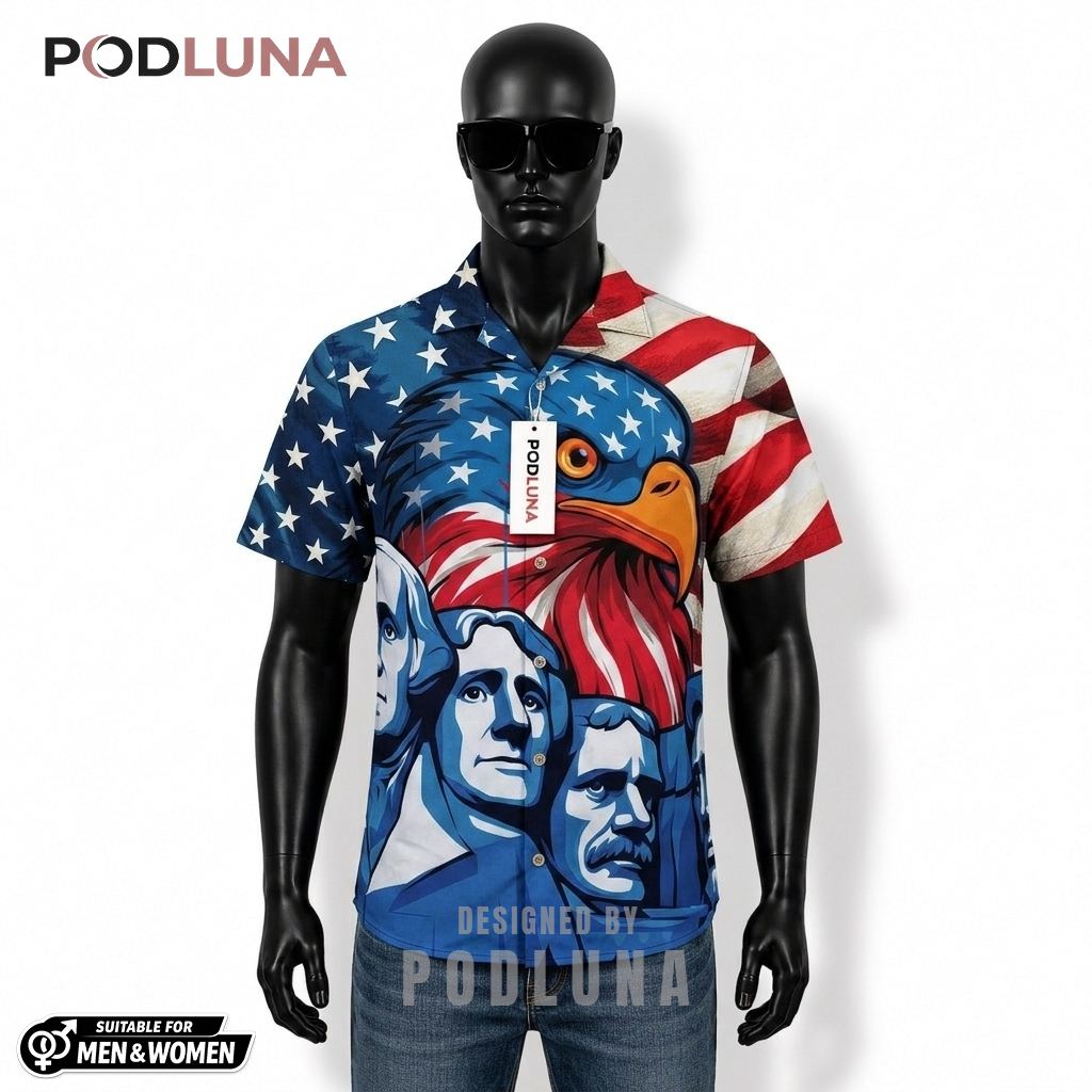 Mount Rushmore Patriotic Hawaiian Shirt Eagle Flag Print Front