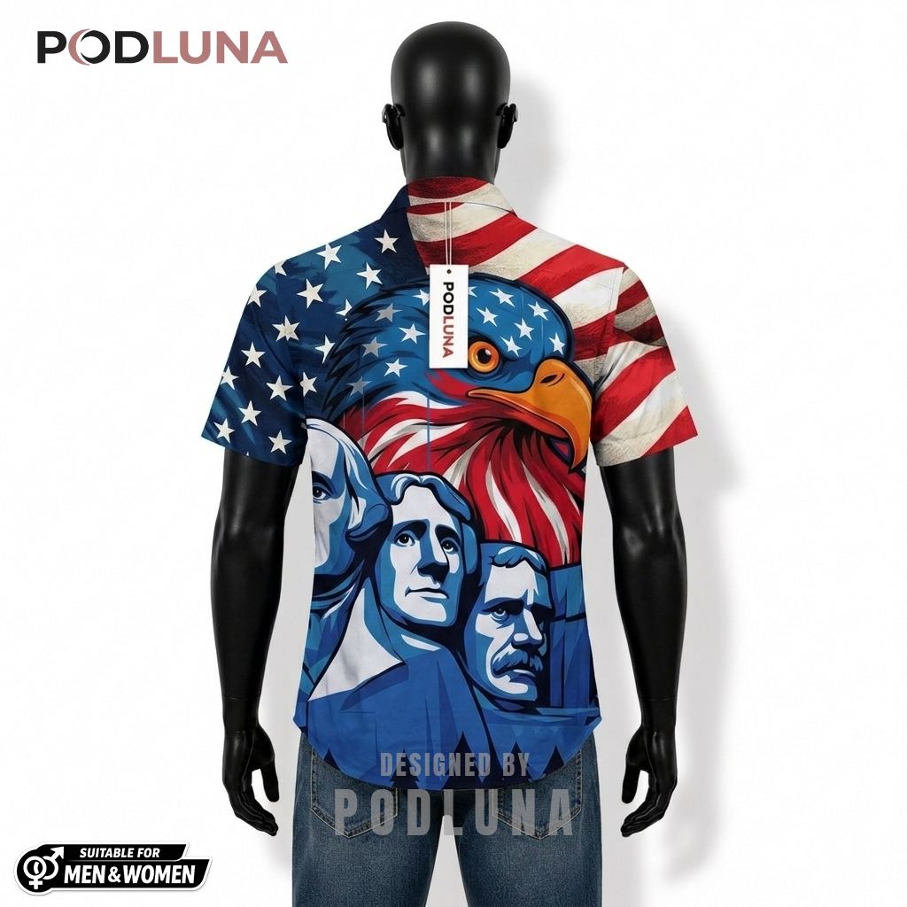 Mount Rushmore Patriotic Hawaiian Shirt Eagle Flag Print Back Mount Rushmore Patriotic Hawaiian Shirt Eagle Flag Print Back