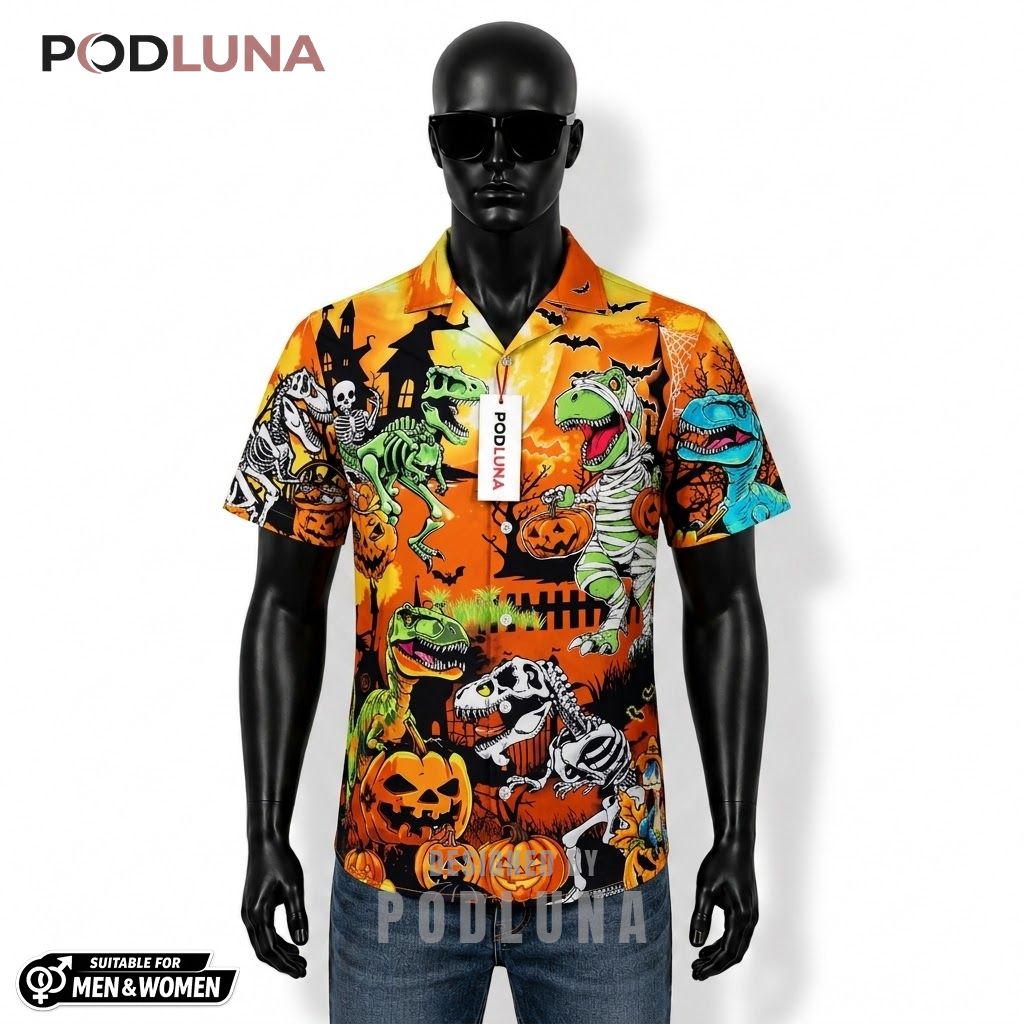 Mummy Dinosaur Halloween Hawaiian Shirt Skeleton Rex Pumpkin Front