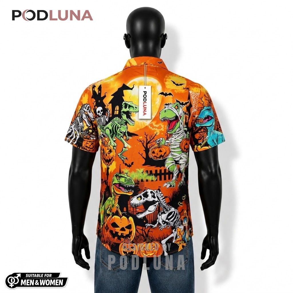 Mummy Dinosaur Halloween Hawaiian Shirt Skeleton Rex Pumpkin Back Mummy Dinosaur Halloween Hawaiian Shirt Skeleton Rex Pumpkin Back