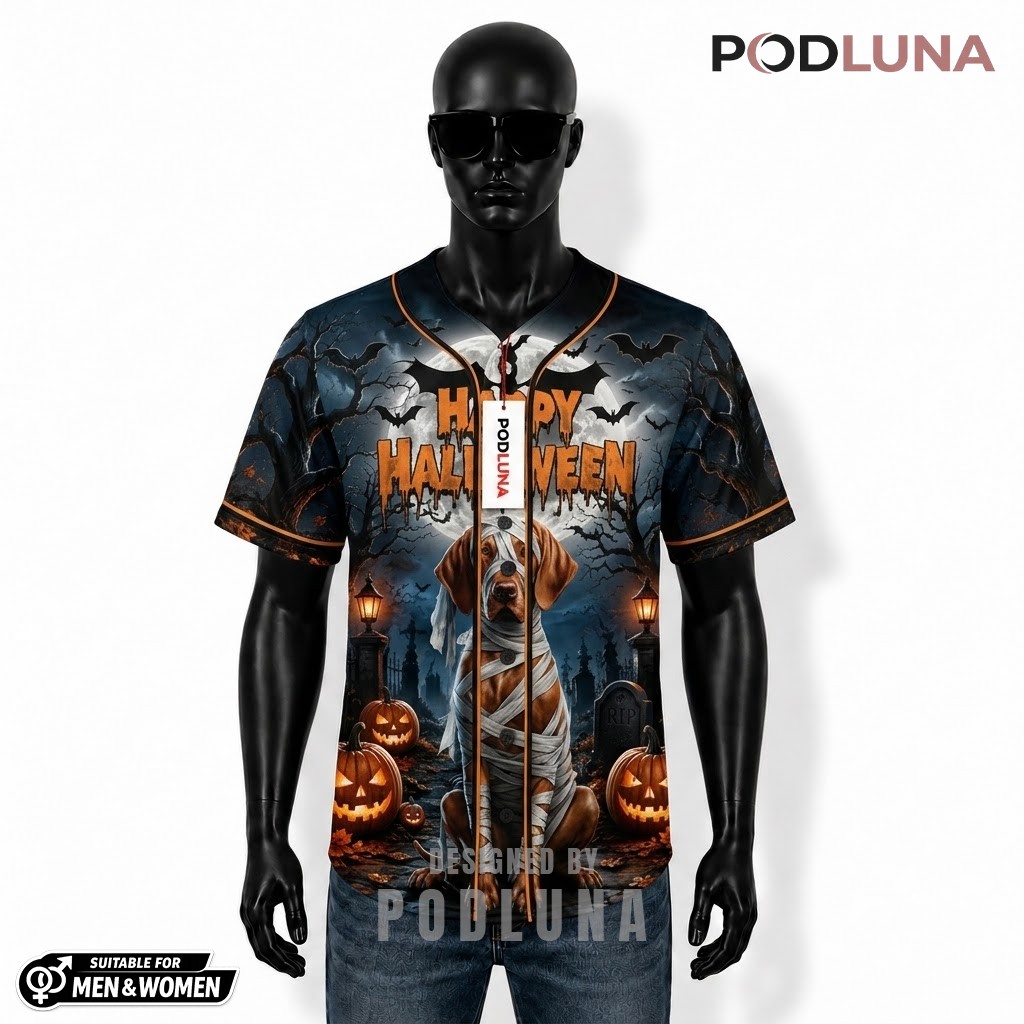 Mummy Dog Halloween Baseball Jersey Full Moon Graveyard 1