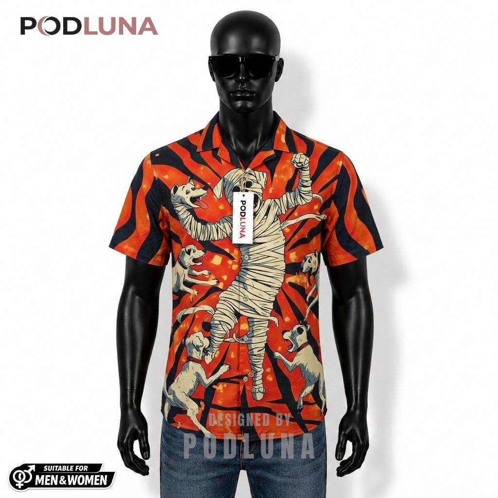 Mummy Dog Halloween Hawaiian Shirt Swirl Wave Pattern Front