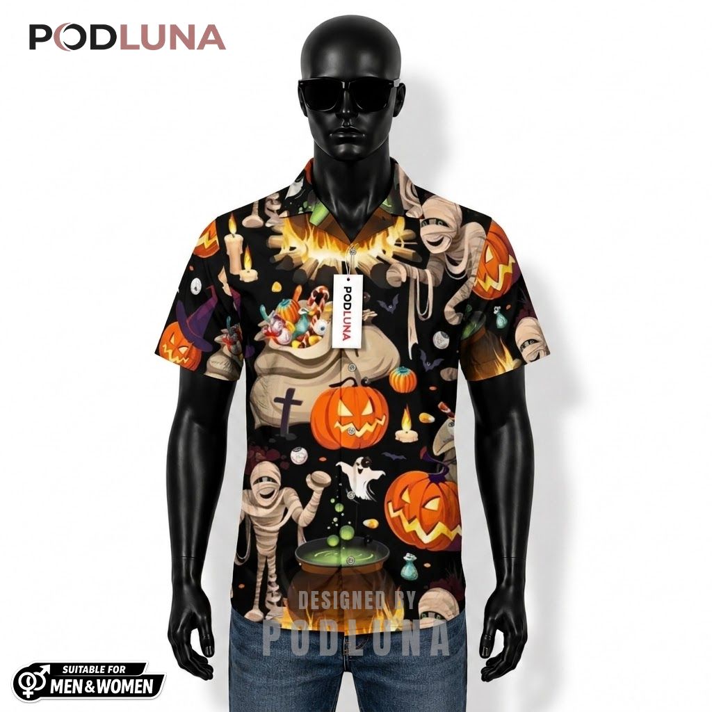 Mummy Halloween Hawaiian Shirt Cauldron Pumpkin Candy Front