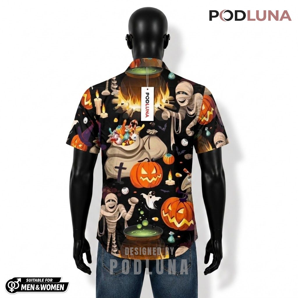 Mummy Halloween Hawaiian Shirt Cauldron Pumpkin Candy Back Mummy Halloween Hawaiian Shirt Cauldron Pumpkin Candy Back