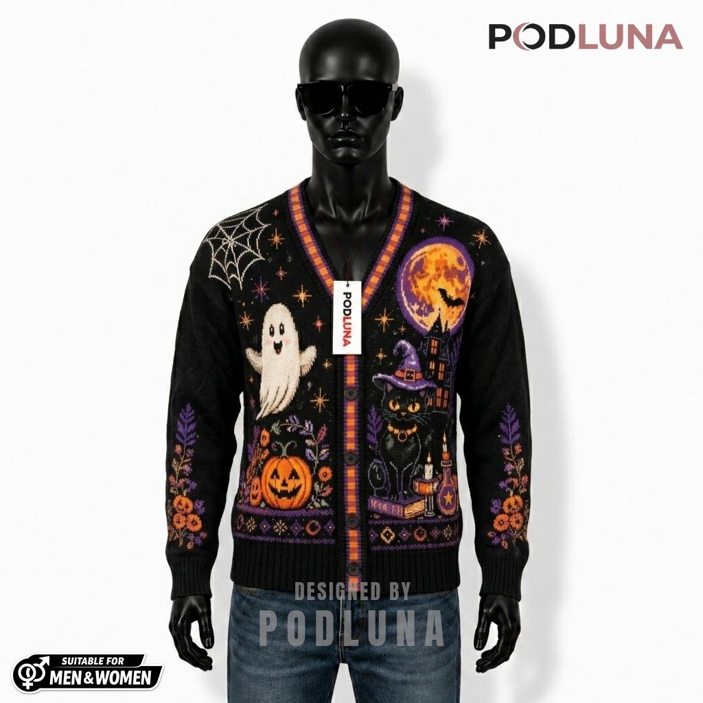 Mystic Halloween Cardigan Ghost Black Cat 1