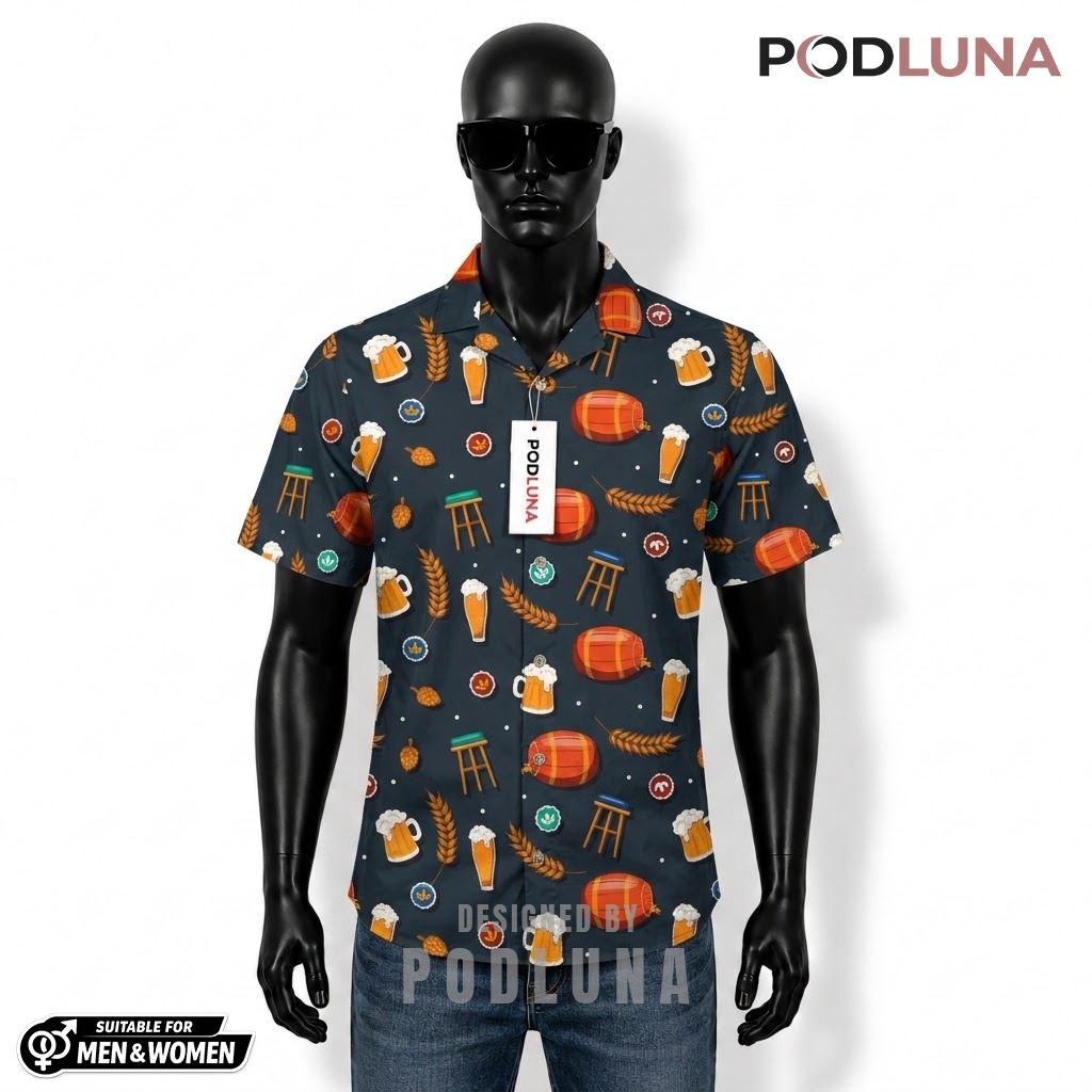 National Beer Hawaiian Shirt Barrel Navy Pattern Front
