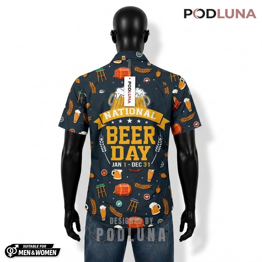 National Beer Hawaiian Shirt Barrel Navy Pattern Back National Beer Hawaiian Shirt Barrel Navy Pattern Back