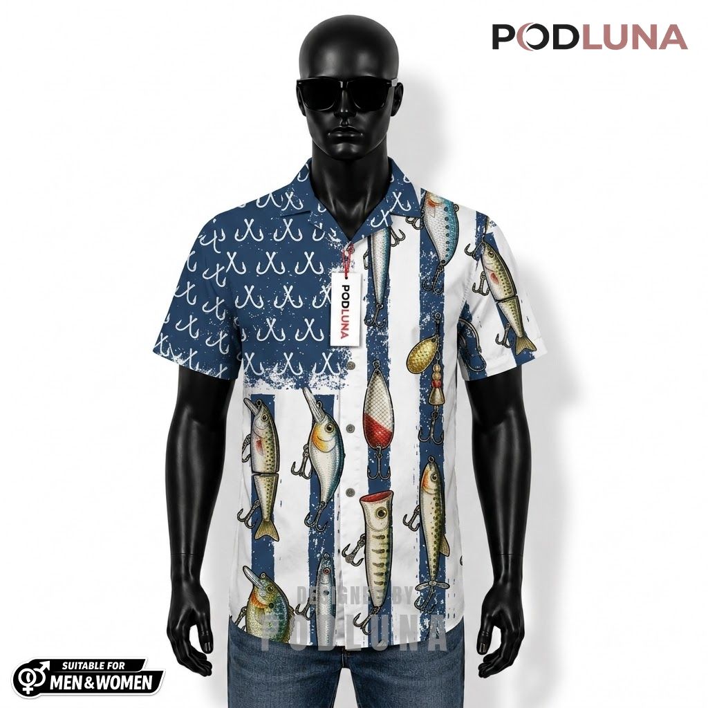 Nautical Fishing Hawaiian Shirt Lure Hook Stripe Print Front