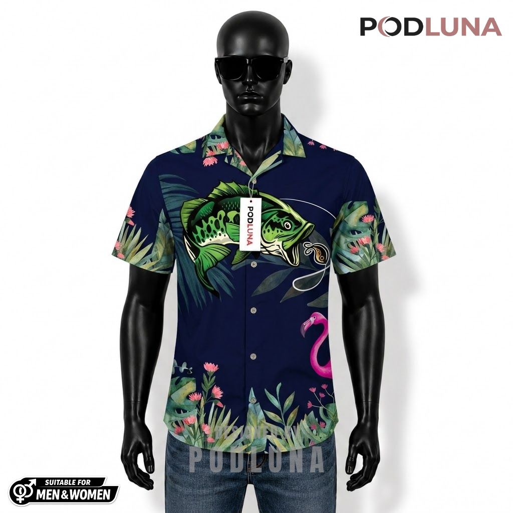 Navy Fishing Hawaiian Shirt Bass Flamingo Tropical Print Front