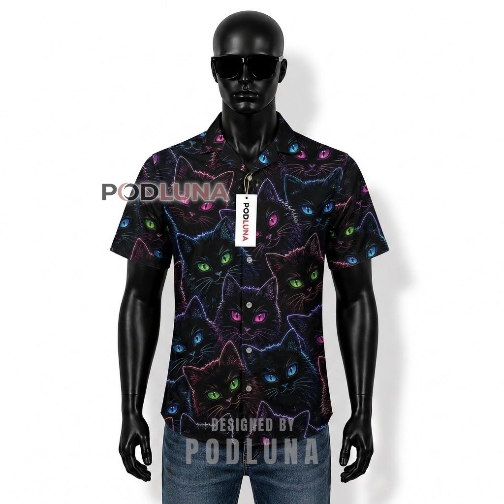 Neon Black Cat Face Hawaiian Shirt Front