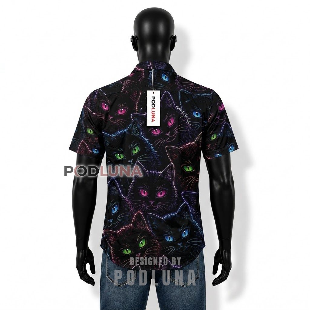 Neon Black Cat Face Hawaiian Shirt Back Neon Black Cat Face Hawaiian Shirt Back