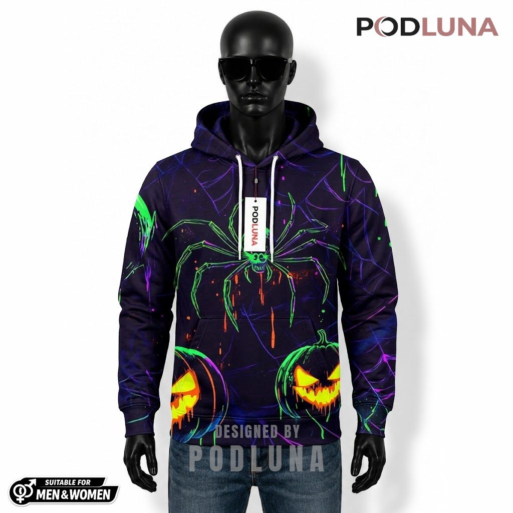 Neon Halloween 3D Hoodie Green Spider Web Pumpkin 1