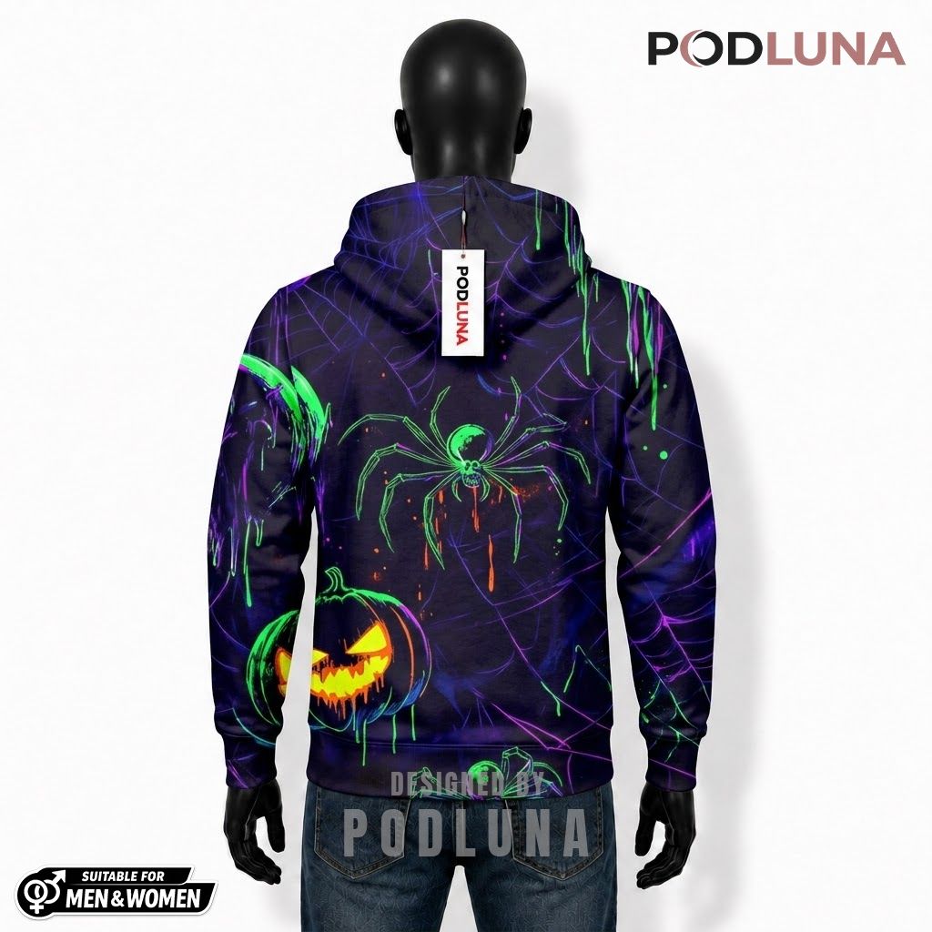 Neon Halloween 3D Hoodie Green Spider Web Pumpkin 2 Neon Halloween 3D Hoodie Green Spider Web Pumpkin 2