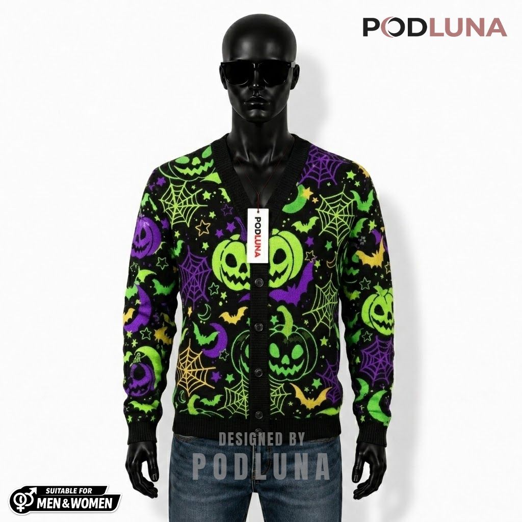 Neon Halloween Cardigan Pumpkin Spider Web 1