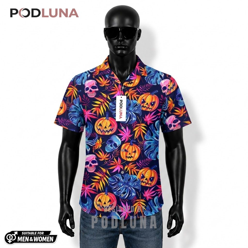 Neon Pumpkin Halloween Hawaiian Shirt Skull Tropical Leaf Front