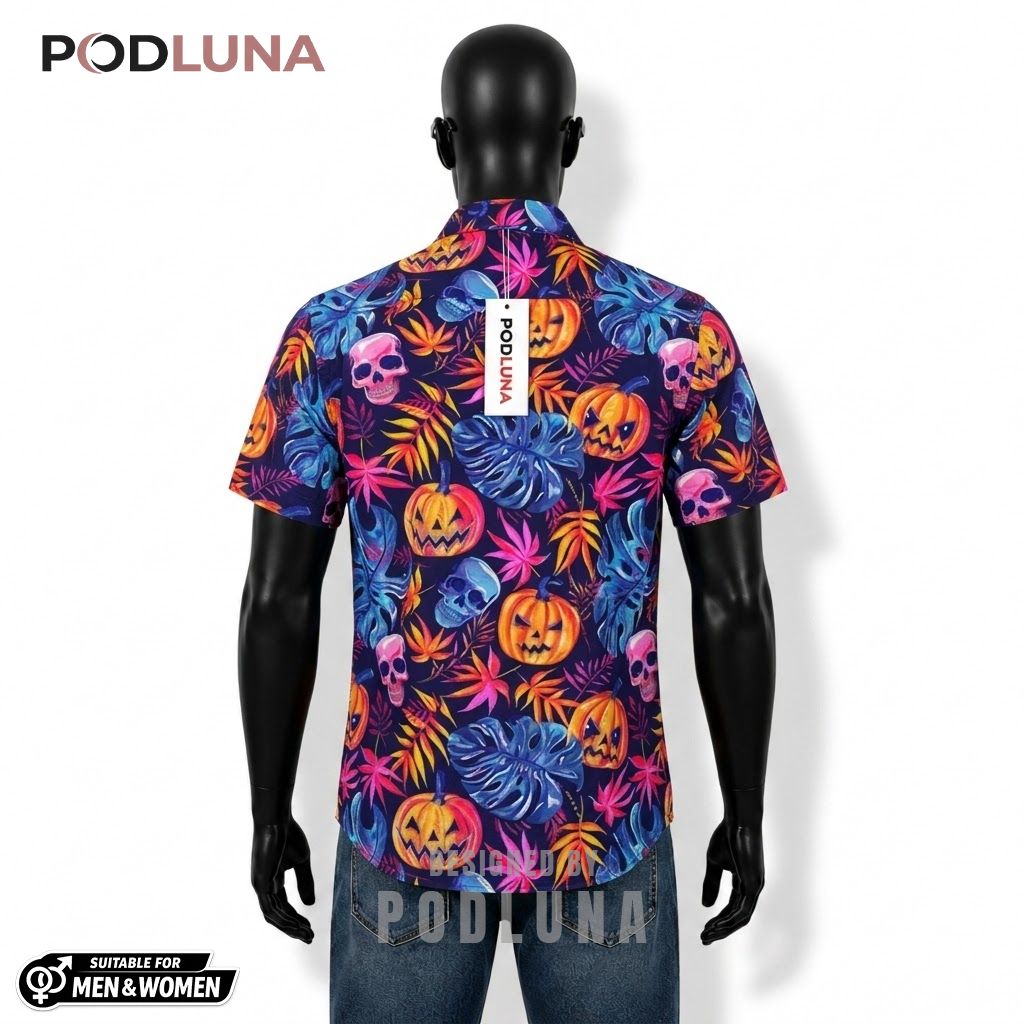 Neon Pumpkin Halloween Hawaiian Shirt Skull Tropical Leaf Back Neon Pumpkin Halloween Hawaiian Shirt Skull Tropical Leaf Back