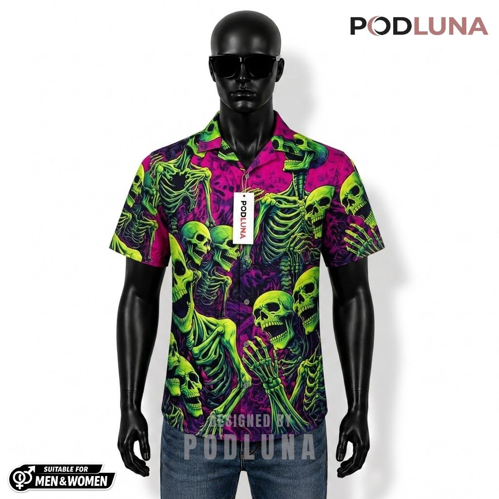 Neon Skeleton Halloween Hawaiian Shirt Toxic Pink Pile Front