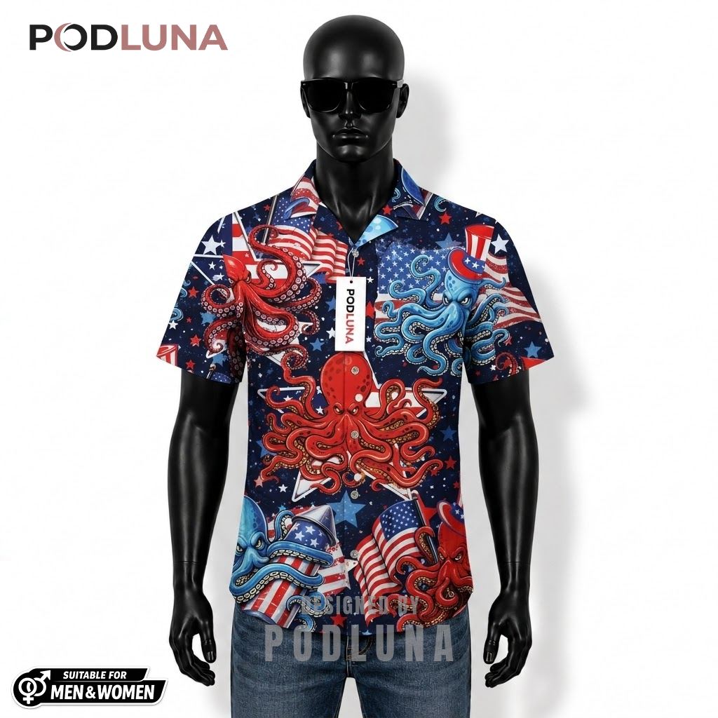 Octopus Patriotic Hawaiian Shirt USA Flag Star Print Front