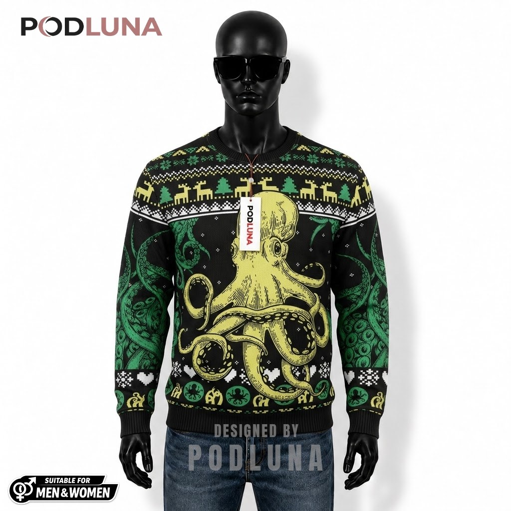 Octopus Ugly Christmas Sweater Yellow Green Reindeer Front