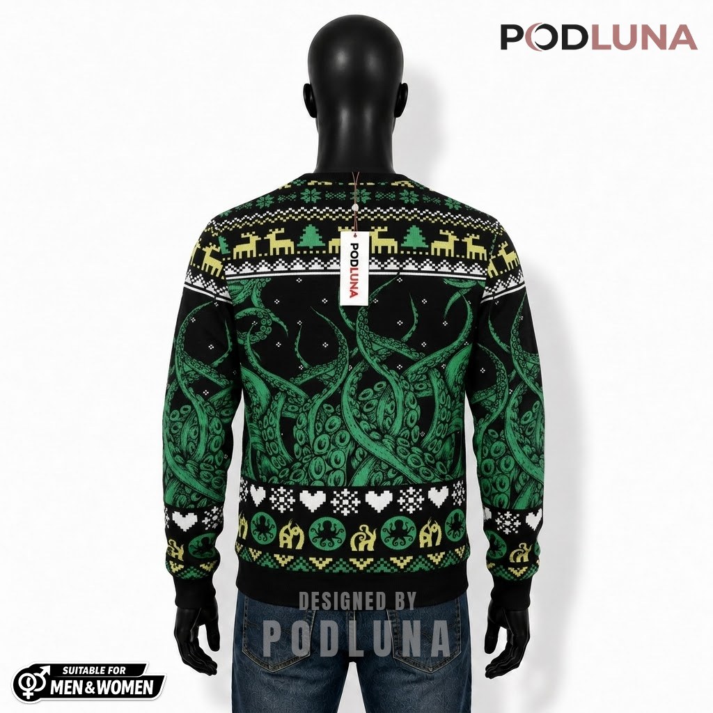 Octopus Ugly Christmas Sweater Yellow Green Reindeer Back Octopus Ugly Christmas Sweater Yellow Green Reindeer Back
