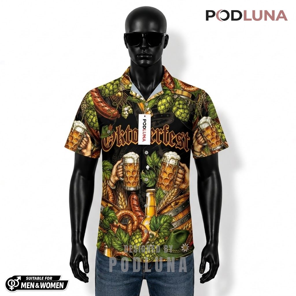 Oktoberfest Beer Hawaiian Shirt Pretzel Hops Pattern Front
