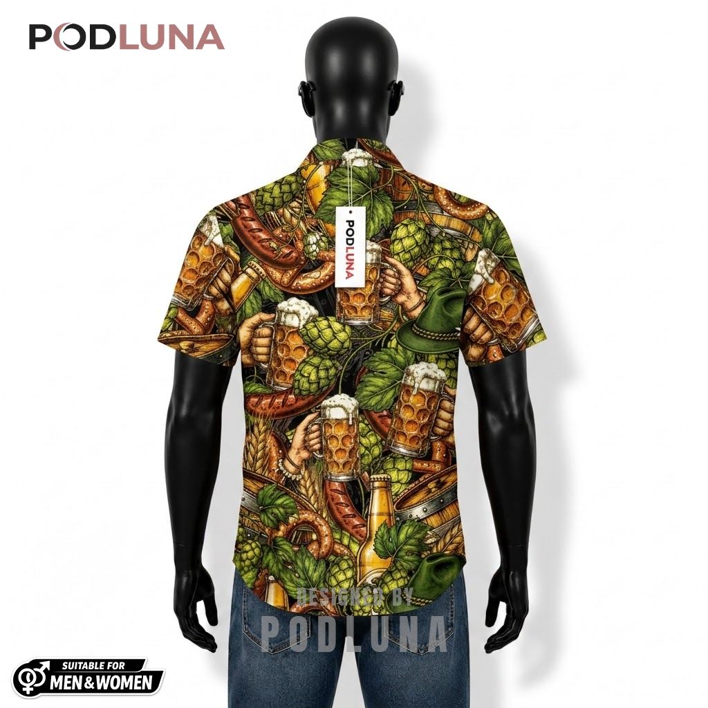 Oktoberfest Beer Hawaiian Shirt Pretzel Hops Pattern Back Oktoberfest Beer Hawaiian Shirt Pretzel Hops Pattern Back