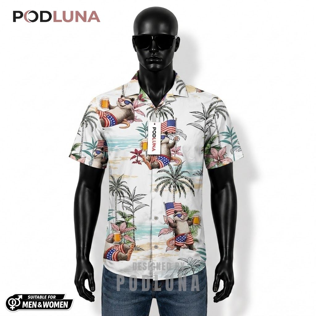 Opossum Beer Hawaiian Shirt American Flag Beach Pattern Front