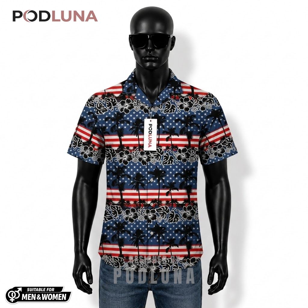 Palm Tree Patriotic Hawaiian Shirt Flag Stripe Design Front