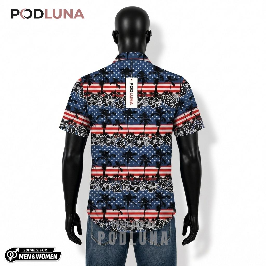 Palm Tree Patriotic Hawaiian Shirt Flag Stripe Design Back Palm Tree Patriotic Hawaiian Shirt Flag Stripe Design Back