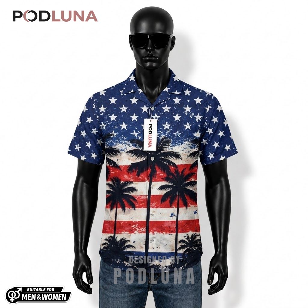 Palm Tree Patriotic Hawaiian Shirt USA Flag Stripe Print Front