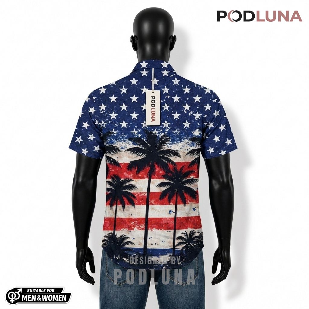 Palm Tree Patriotic Hawaiian Shirt USA Flag Stripe Print Back Palm Tree Patriotic Hawaiian Shirt USA Flag Stripe Print Back