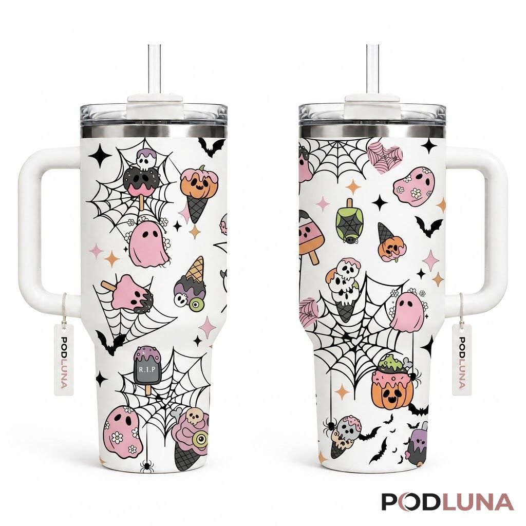 Pastel Sweets Halloween Tumbler 40oz Ghost Ice Cream Skull Design
