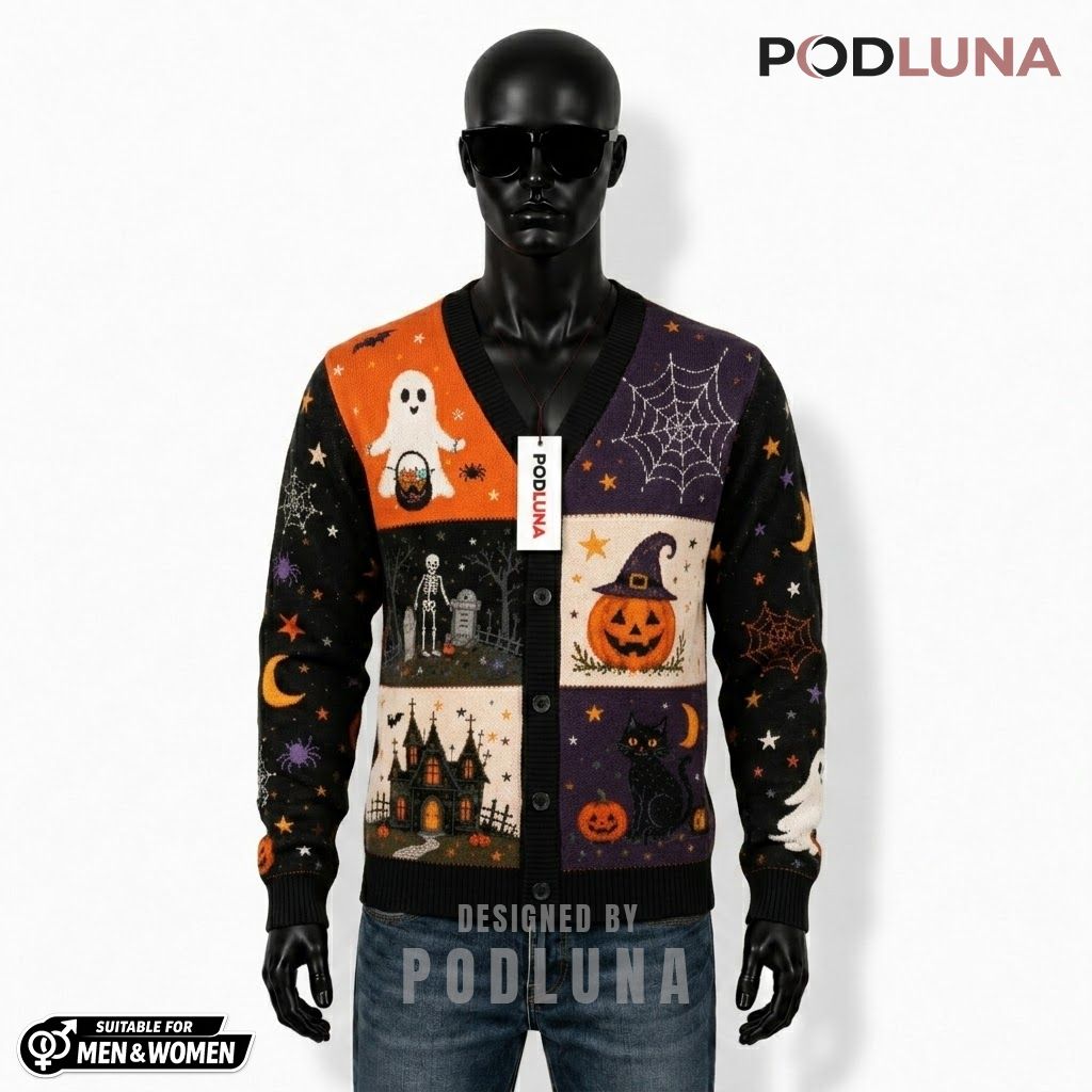 Patchwork Halloween Cardigan Ghost Skeleton House 1