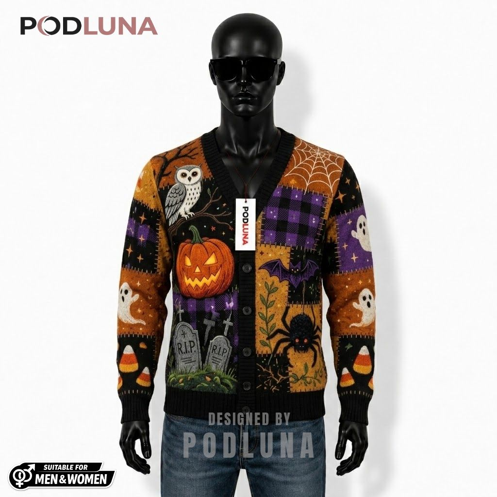 Patchwork Halloween Cardigan Owl Cauldron Tombstone 1