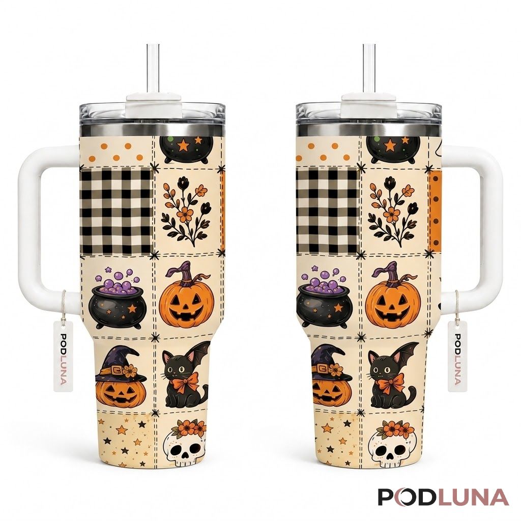 Patchwork Pumpkin Halloween Tumbler 40oz Cauldron Black Cat Design