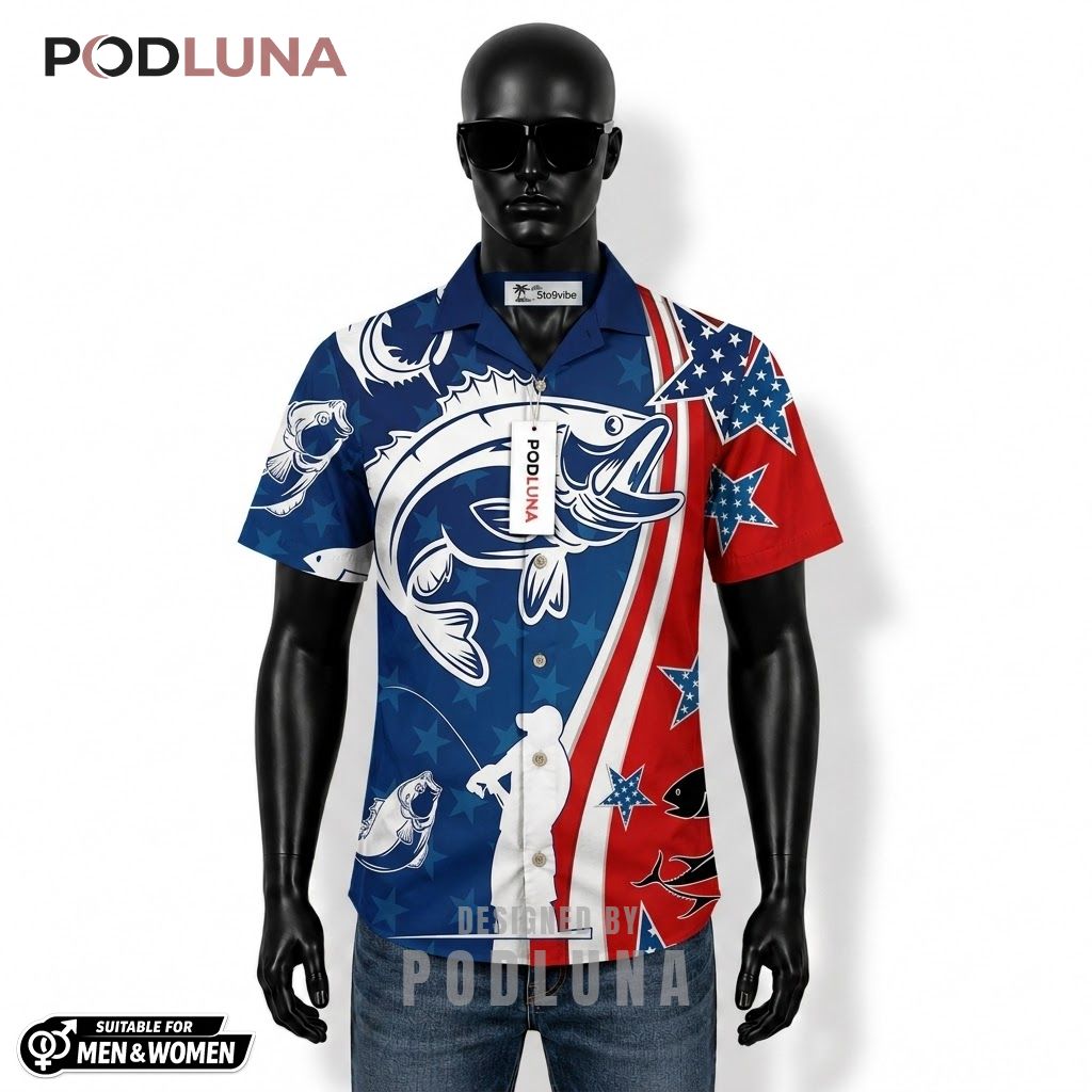 Patriotic Fishing Hawaiian Shirt Angler Star Icon Split Front