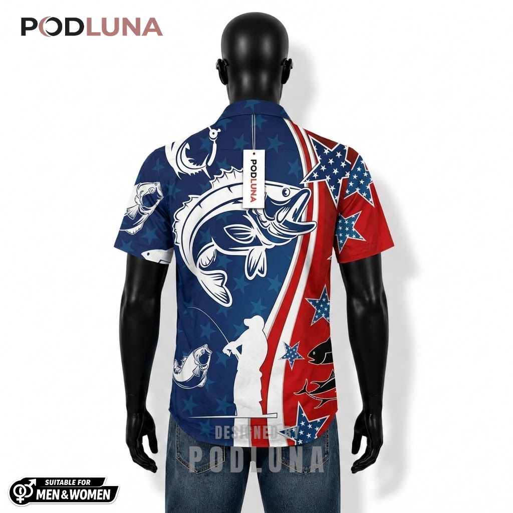 Patriotic Fishing Hawaiian Shirt Angler Star Icon Split Back Patriotic Fishing Hawaiian Shirt Angler Star Icon Split Back