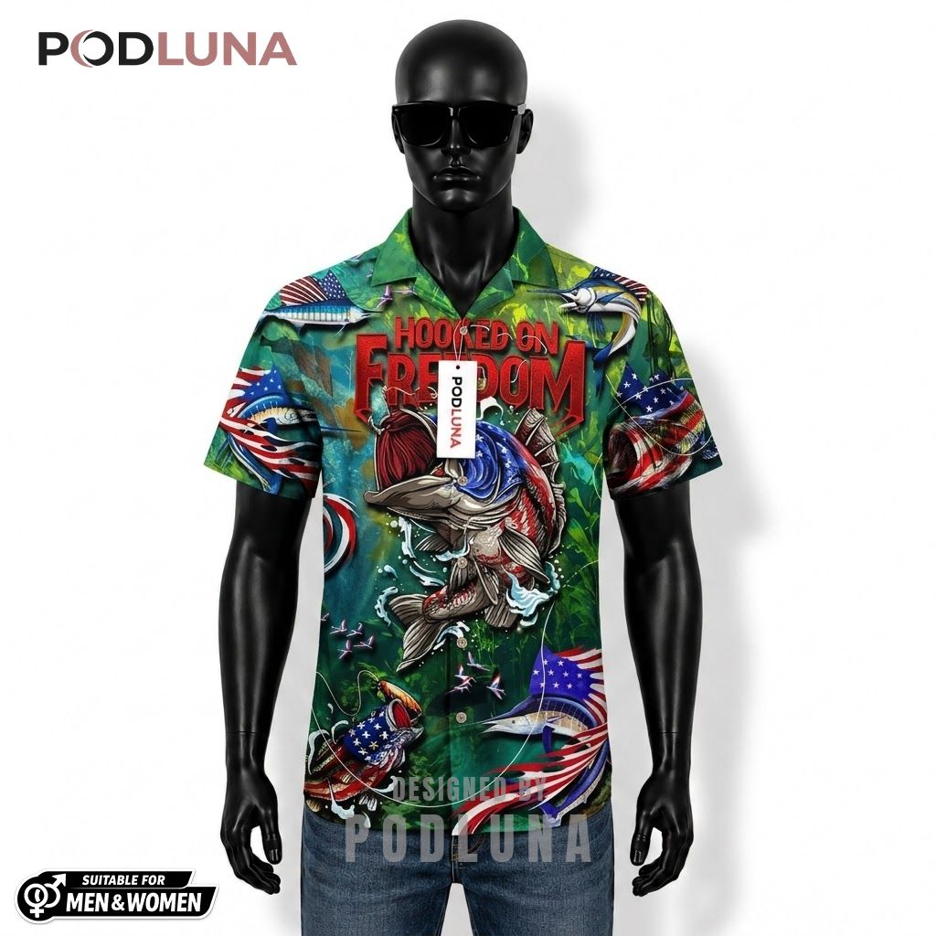 Patriotic Fishing Hawaiian Shirt Freedom Bass Marlin Underwater Front