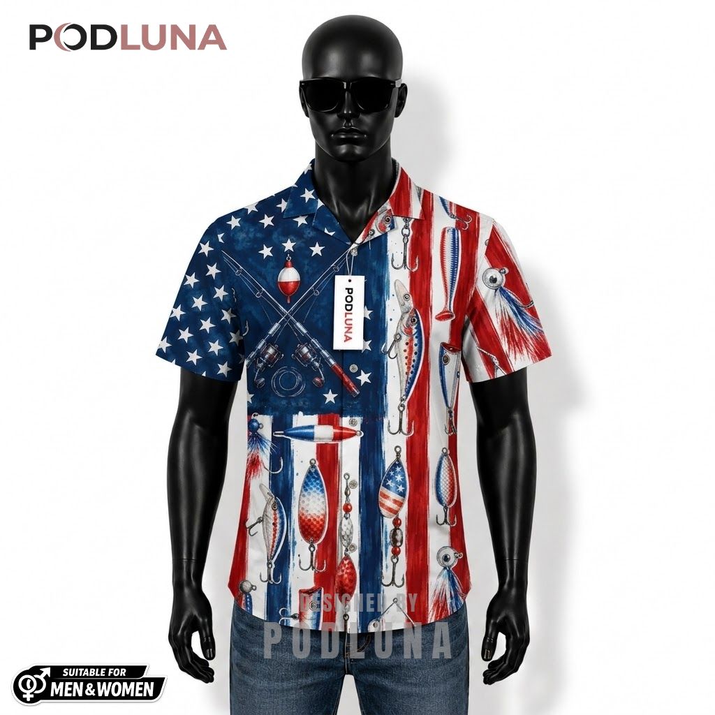 Patriotic Fishing Hawaiian Shirt Lure Hook Flag Pattern Front