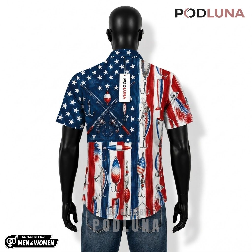 Patriotic Fishing Hawaiian Shirt Lure Hook Flag Pattern Back Patriotic Fishing Hawaiian Shirt Lure Hook Flag Pattern Back