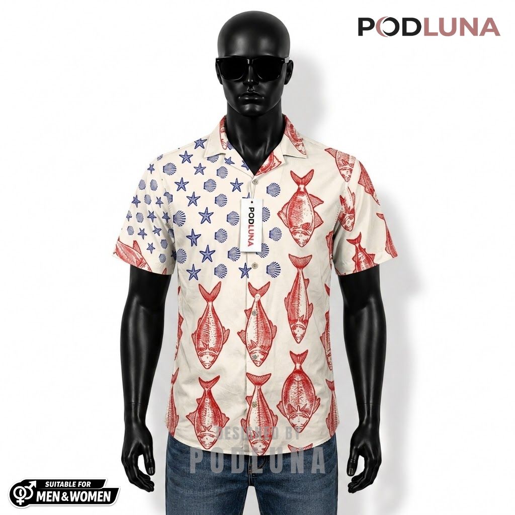 Patriotic Fishing Hawaiian Shirt Red Fish Star Pattern Front