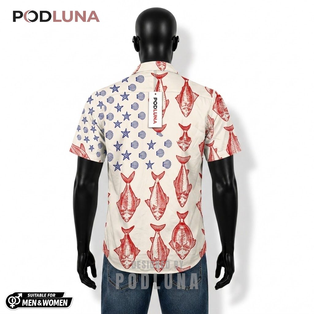 Patriotic Fishing Hawaiian Shirt Red Fish Star Pattern Back Patriotic Fishing Hawaiian Shirt Red Fish Star Pattern Back