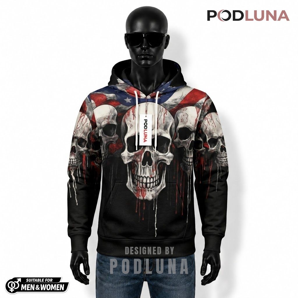 Patriotic Halloween 3D Hoodie Bloody Skull US Flag 1