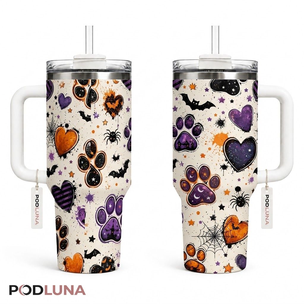 Paw Print Halloween Tumbler 40oz Heart Bat Spider Web Design